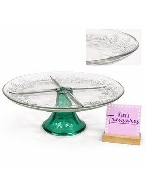 Anchor Hocking HOLIDAY CHEER Clear Fruit Bows Green Base 4 Part Footed Server